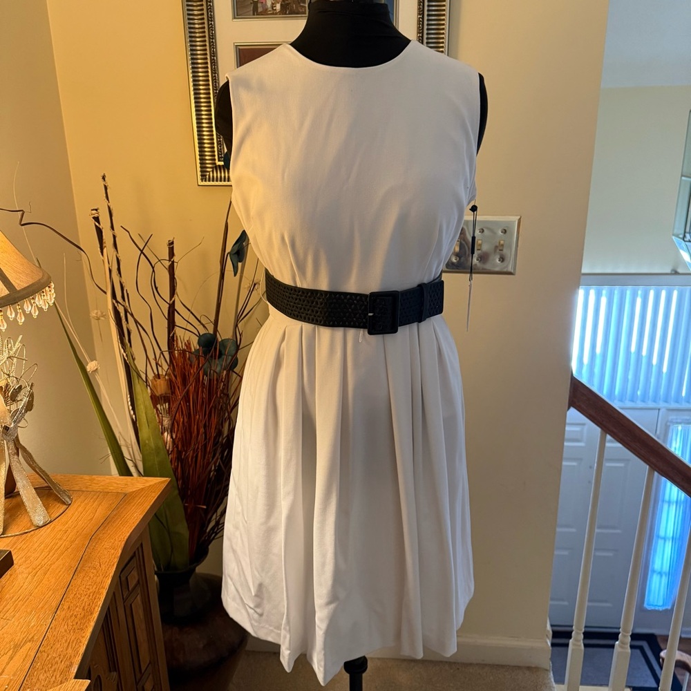 Calvin Klein White Sleeveless Pleated Midi Dress with Black Belt - Picture 6 of 15